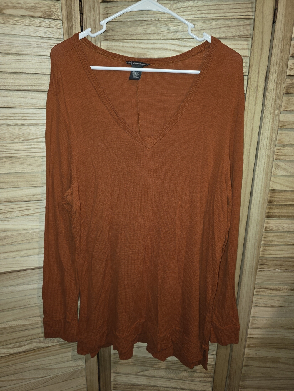 Adrianna Papell Rust V-Neck Long Sleeve Waffle Knit Top
